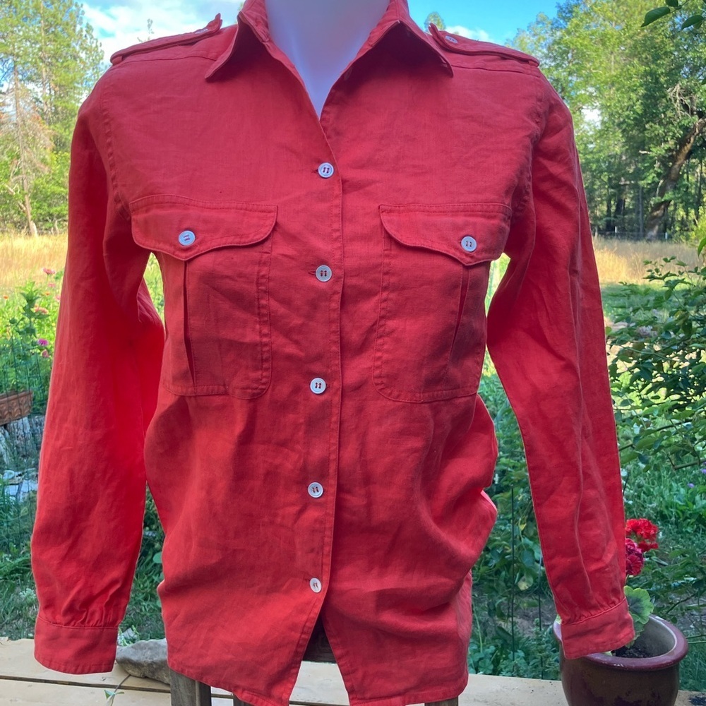 Vintage Liz Claiborne 100% linen salmon pink shirt petite 2